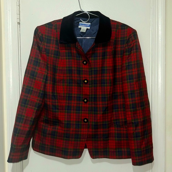 Pendleton Jacket Women 12 Red Blue Plaid Virgin Wool Tartan Blazer Sport Coat - Picture 1 of 4